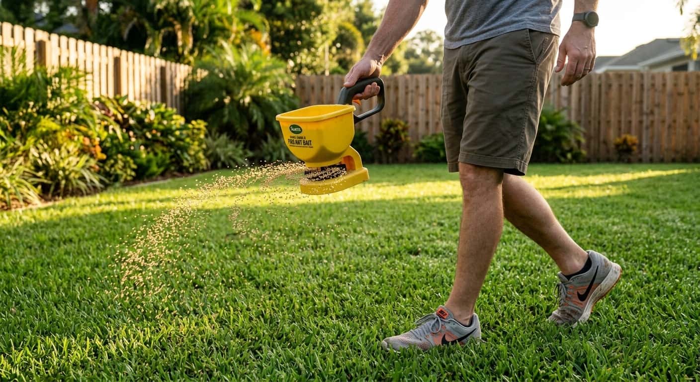 A homeowner using a hand-held broadcast spreader to apply granular fire ant bait across a Florida lawn