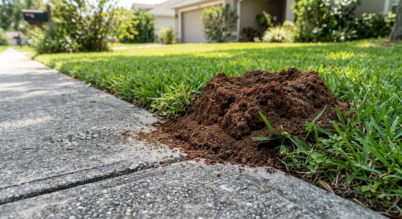 A well-maintained green Florida lawn with a visible fire ant mound near a concrete sidewalk, a high-traffic area requiring treatment