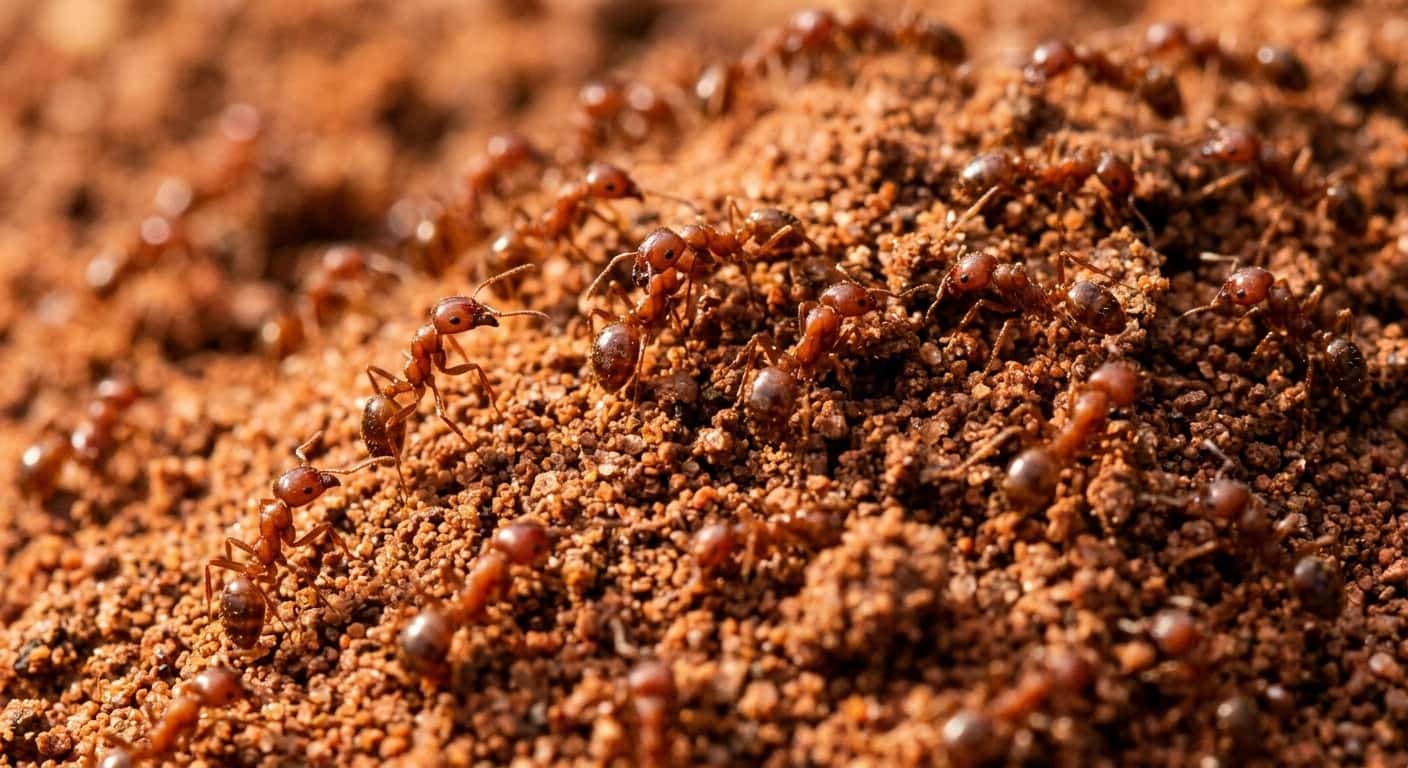Macro close-up of red imported fire ants swarming on the surface of a disturbed mound showing their aggressive defensive posture