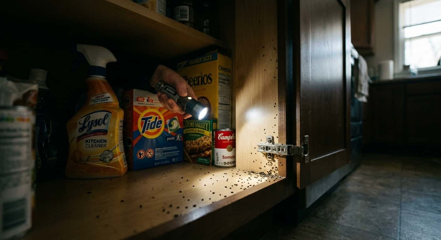 A frustrated homeowner looking under a kitchen cabinet with a flashlight, discovering cockroach droppings despite previous DIY treatment
