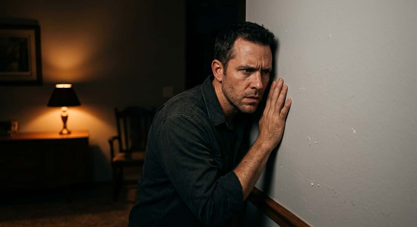 A person pressing their ear against a wall listening for pest sounds, with concerned expression, inside a Florida home