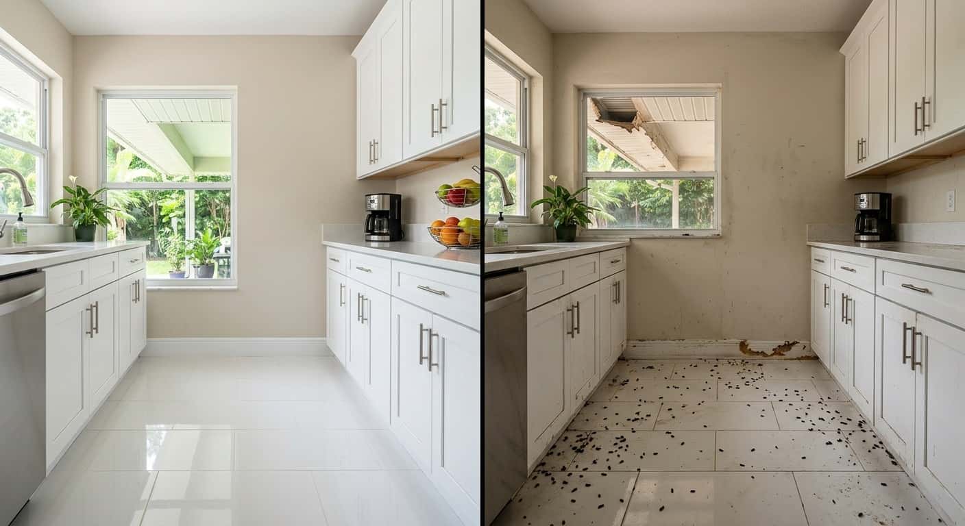 A well-maintained Florida home on one side compared to a home with visible pest damage, illustrating prevention vs remediation