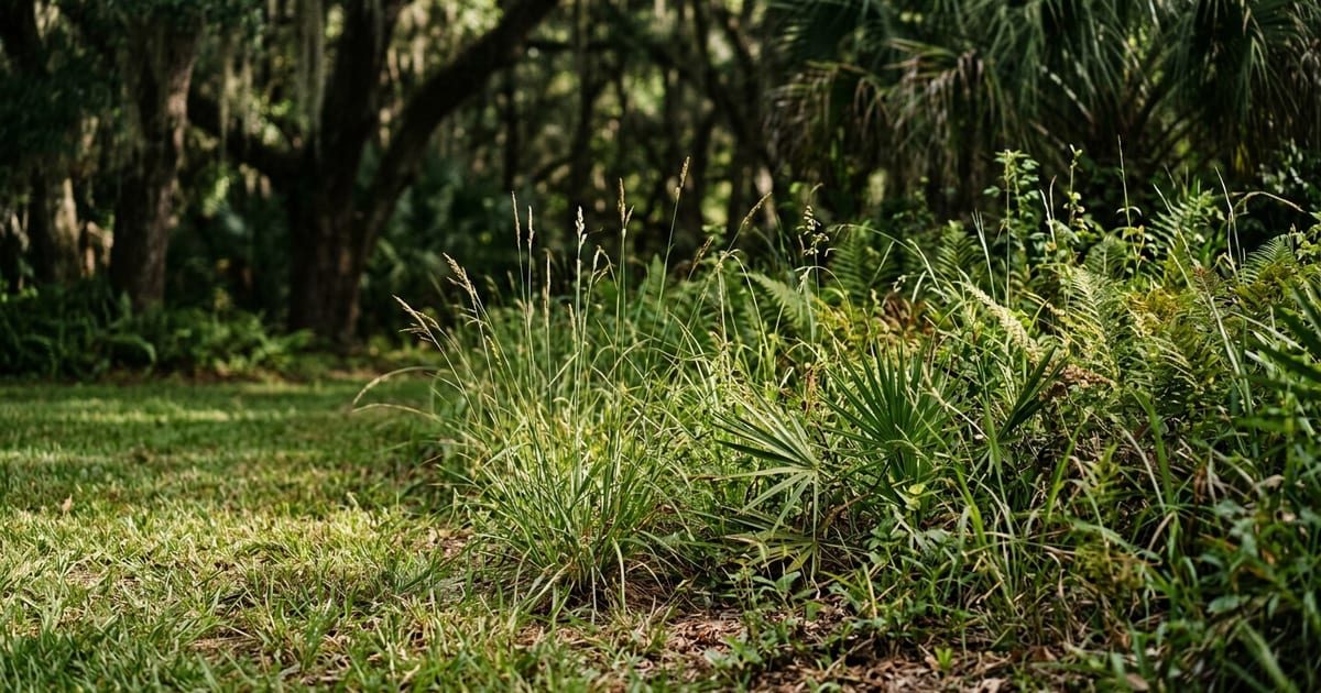 The edge where a mown Florida lawn meets tall unmown grass and palmetto at a shaded oak treeline, the margin where ticks wait